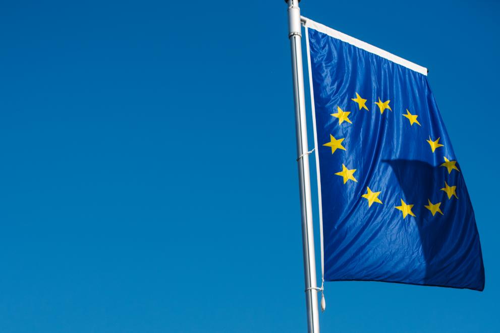 European flag in front of a blue sky