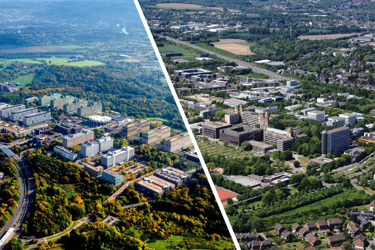 Collage auf einem Luftbild der Ruhr-Universität Bochum und der TU Dortmund