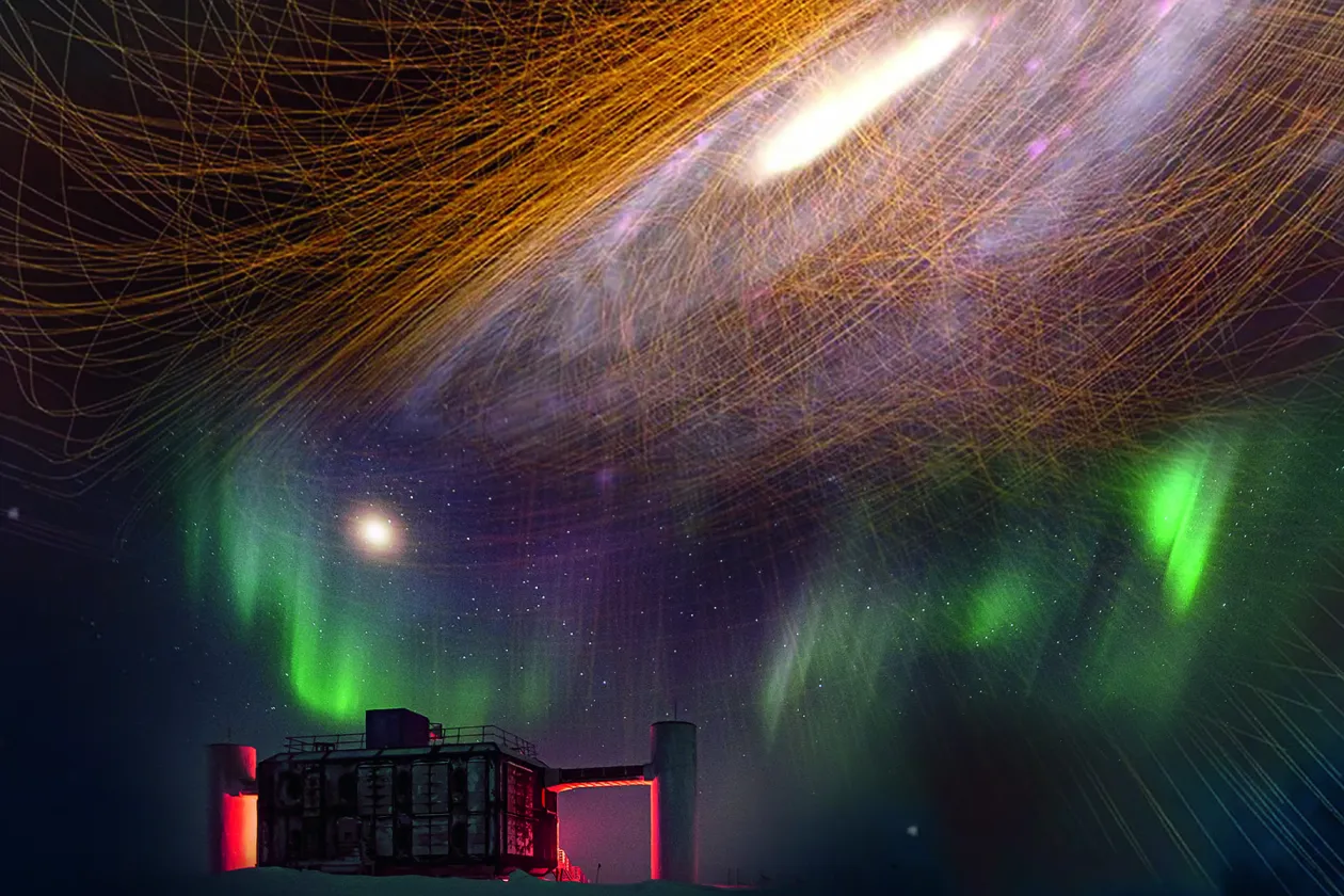 Forschungsstation im Eis mit Polarlichtern und Galaxie darüber