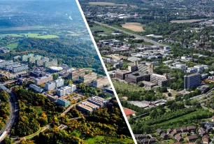 Collage auf einem Luftbild der Ruhr-Universität Bochum und der TU Dortmund