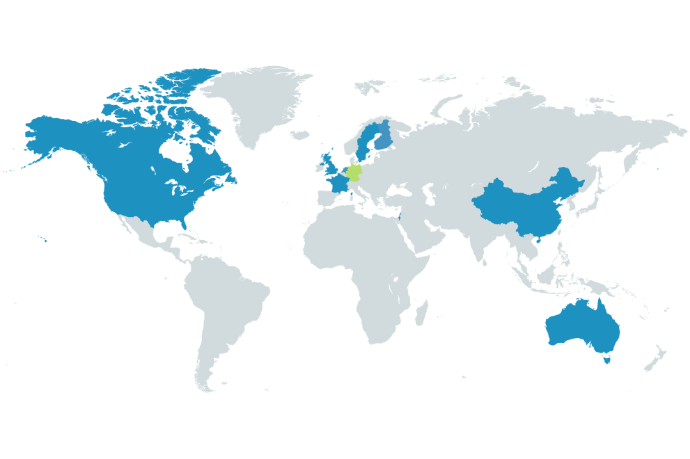 Weltkarte, auf der verschiedene Länder blau eingefärbt sind