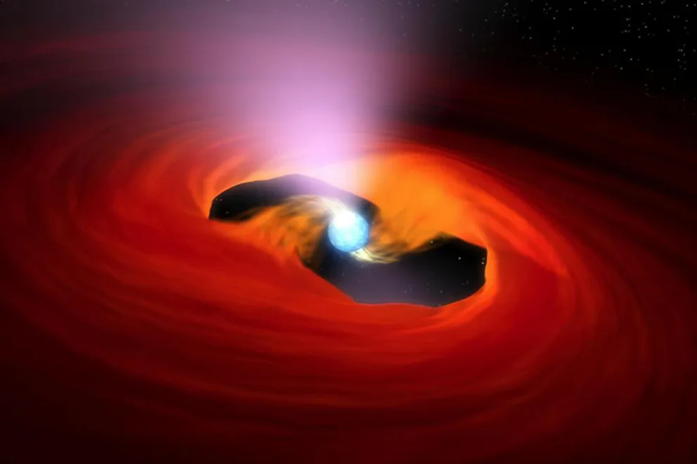 Eine leuchtende Kugel in einem roten Strudel