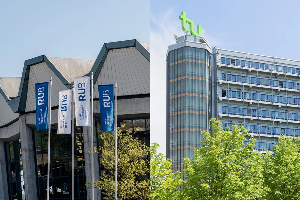 Collage aus dem Audimax der Ruhr-Universität Bochum und dem Mathetower der TU Dortmund