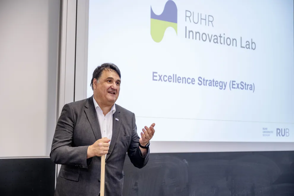 Rektor Martin Paul vor einer Folie mit dem Logo des RUHR Innovation Lab