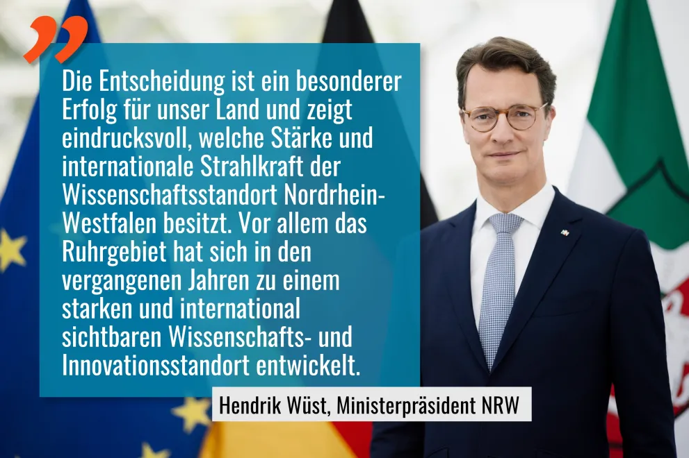 Ministerpräsident Hendrik Wüst vor Flaggen der EU, der BRD und des Lands NRW.