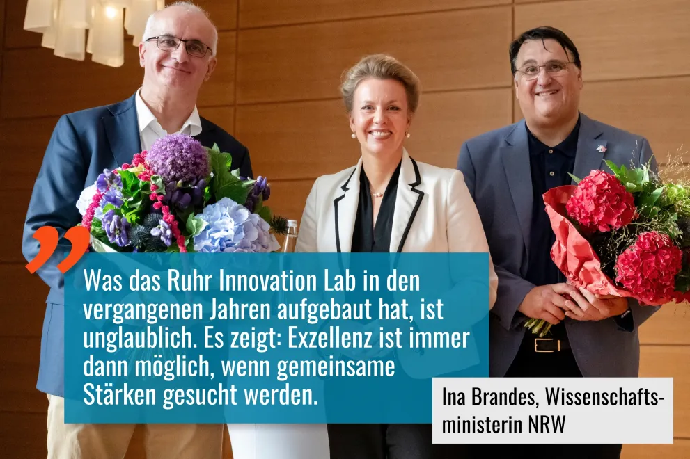 Wissenschaftsministerin Ina Brandes mit den Rektoren Manfred Bayer und Martin Paul