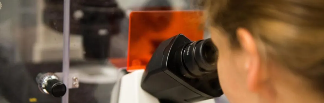 Frau blickt in ein Mikroskop