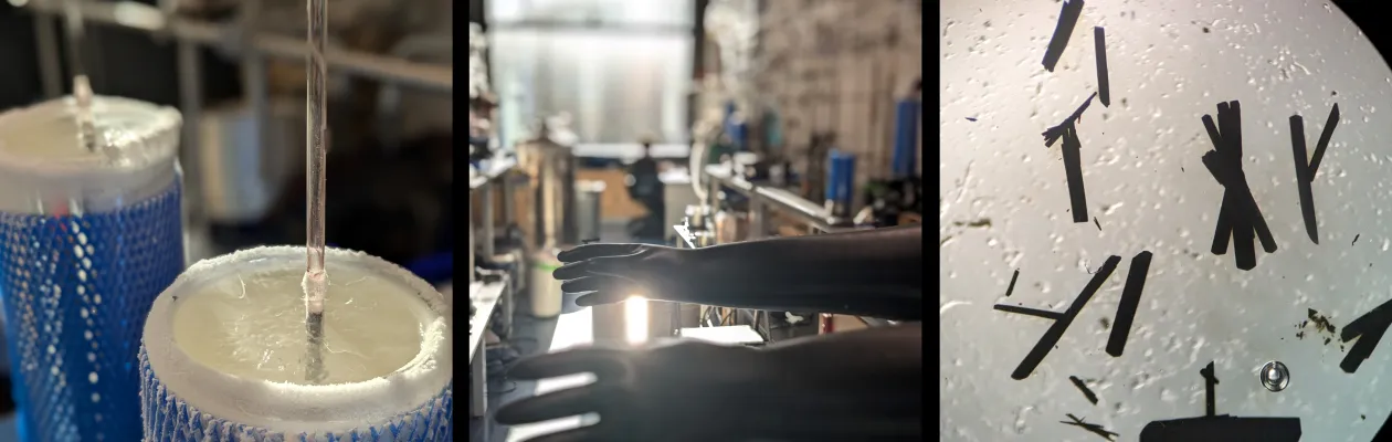 NMR tubes frozen in liquid nitrogen, a Glovebox, and crystals of a transition metal comples under the microscope.